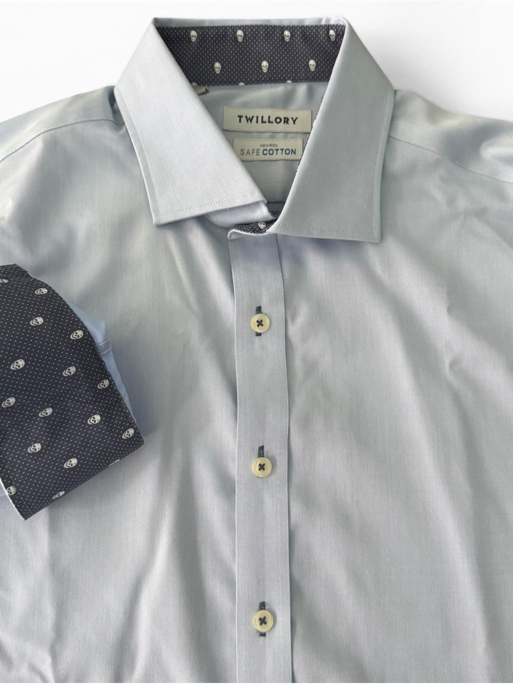 Twillory Safe Cotton Dress Shirt Mens 17 32/33 XL Blue Tailored Fit Skull Cuffs